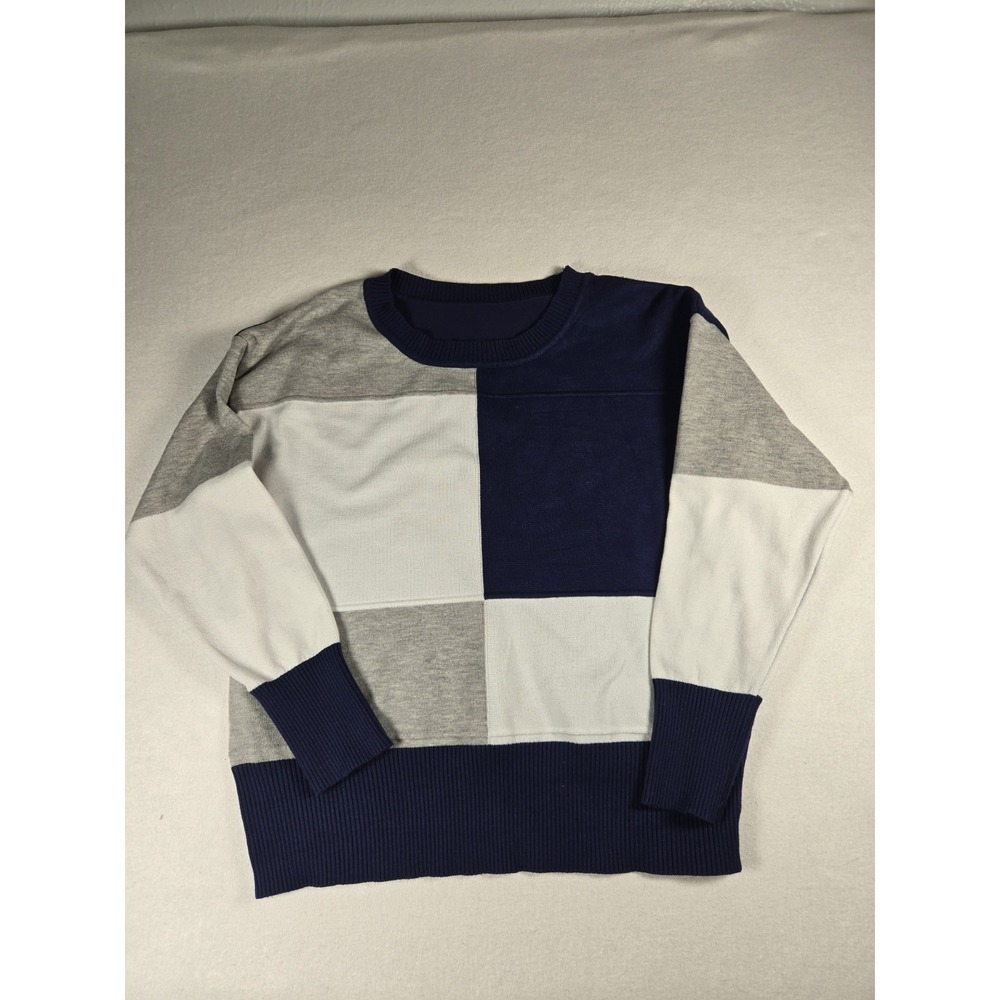 Women's Color Block Knit Long Sleeve Sweater Blue White Gray Size S